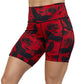 red and black raven and skull print shorts