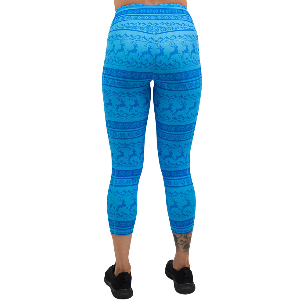 back of the blue patterned leggings with reindeer design