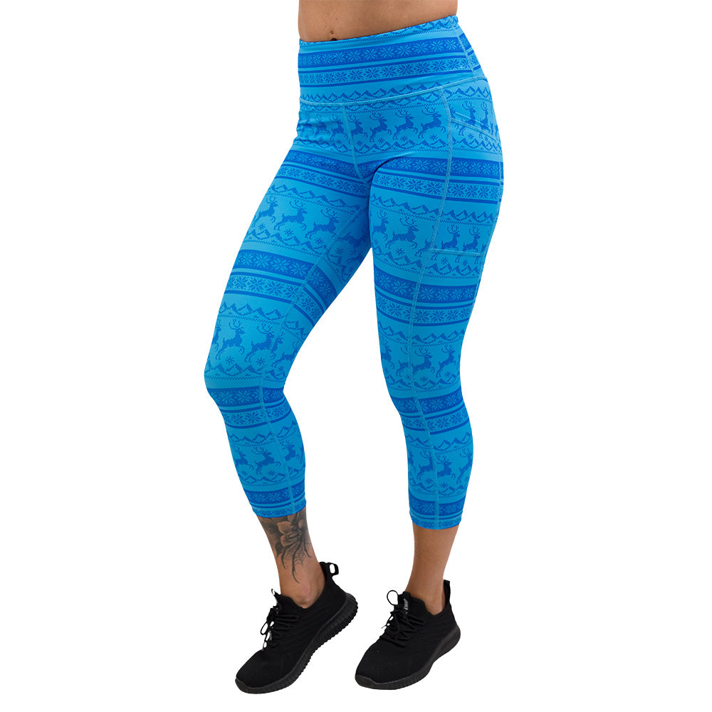 Blue patterned leggings with reindeer design