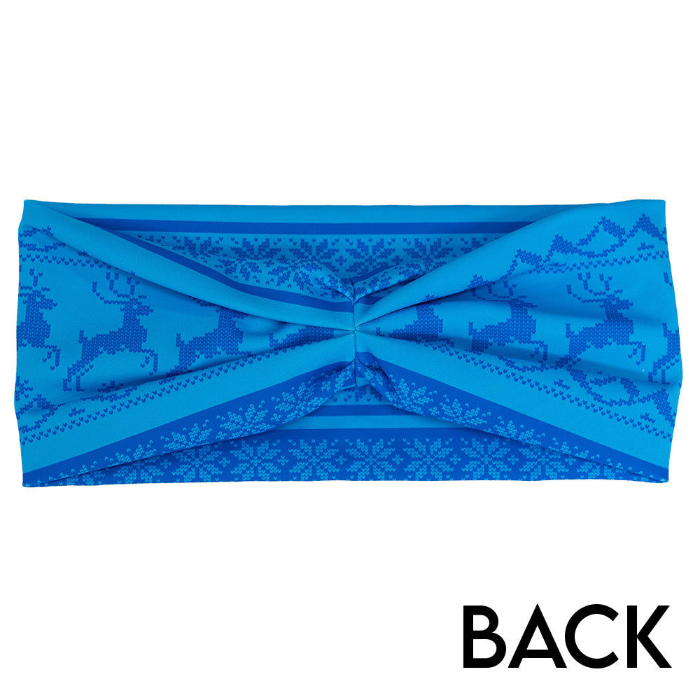 back of the blue patterned headband with reindeer design