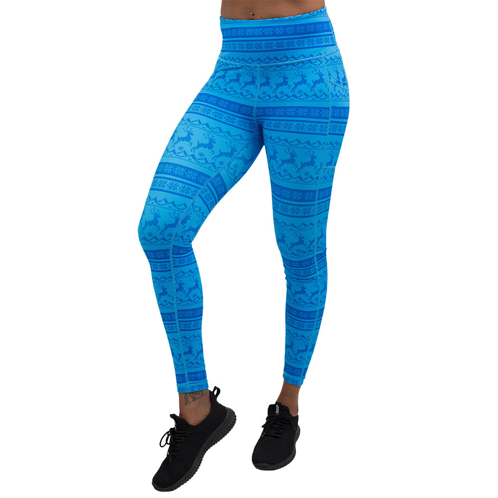 Blue patterned leggings with reindeer design