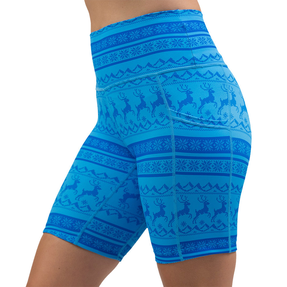 blue patterned shorts with reindeer design