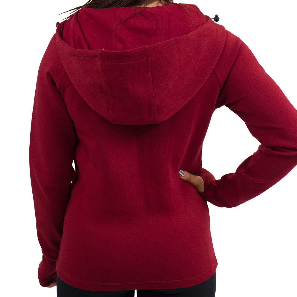 back of the dark red rest day zip up sweatshirt against a white background