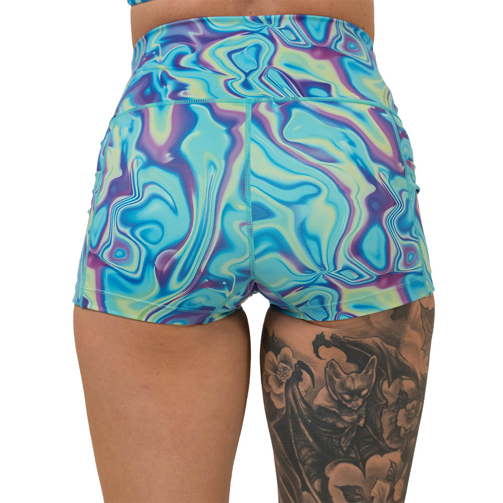 back of the Multicolored swirl patterned shorts on a white background