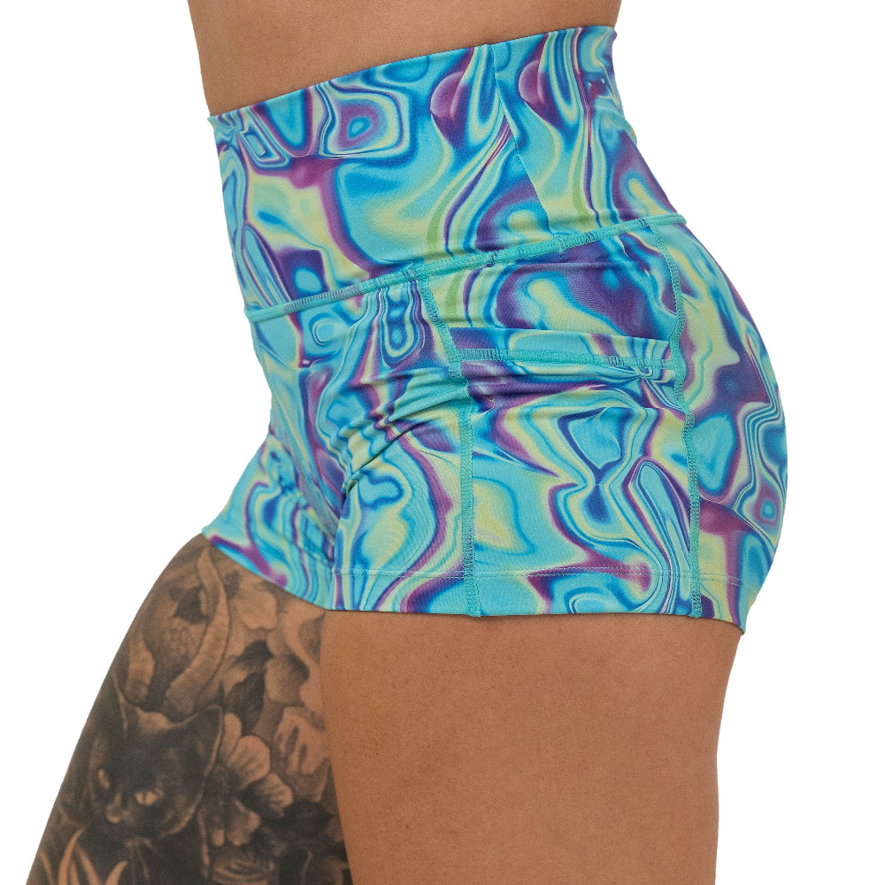 Multicolored swirl patterned shorts on a white background