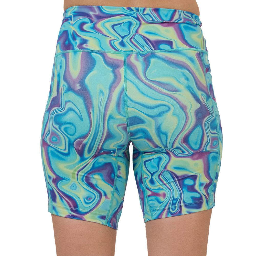 back of the Multicolored swirl patterned shorts on a white background