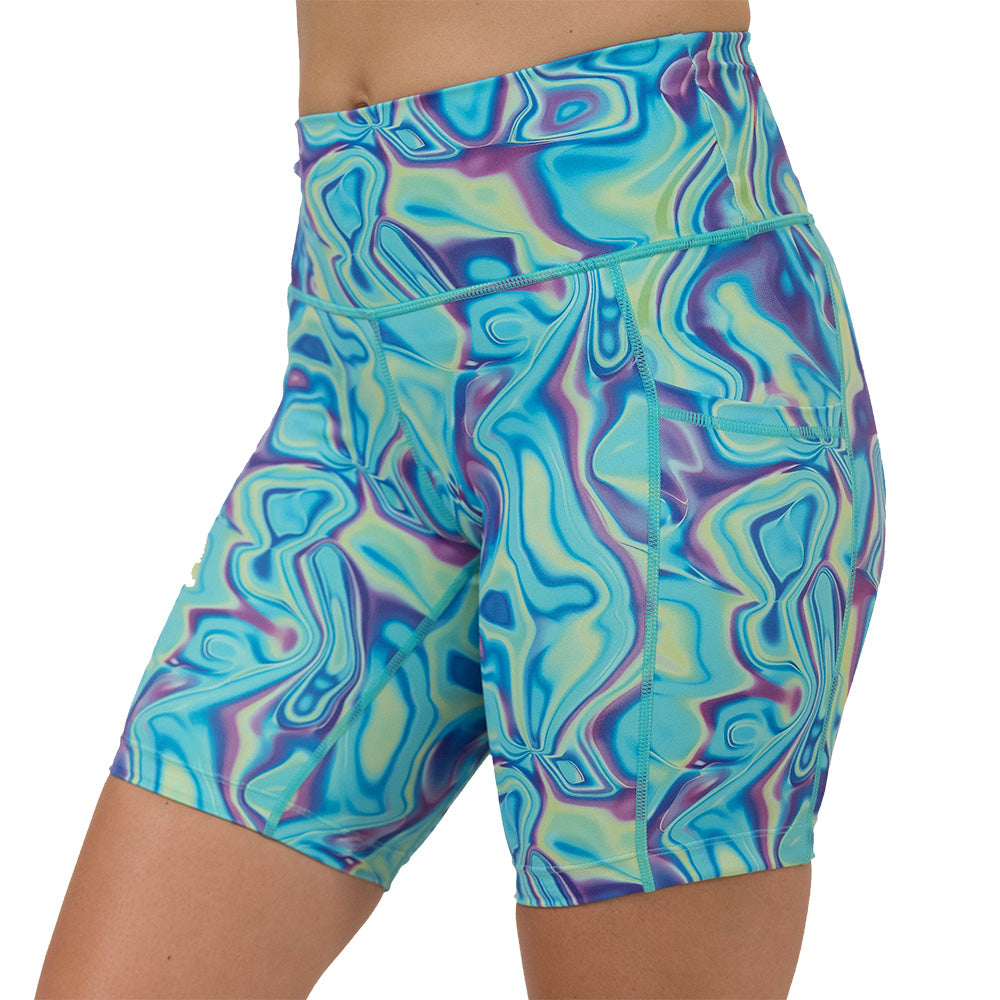 Multicolored swirl patterned shorts on a white background