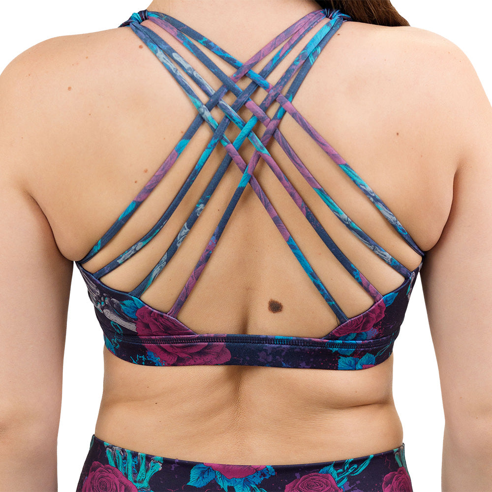back of the roses and skeleton hands connected by chain links pattern bra