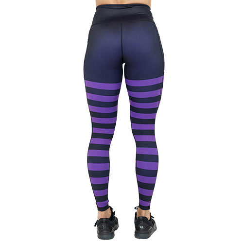 back of purple striped leggings 
