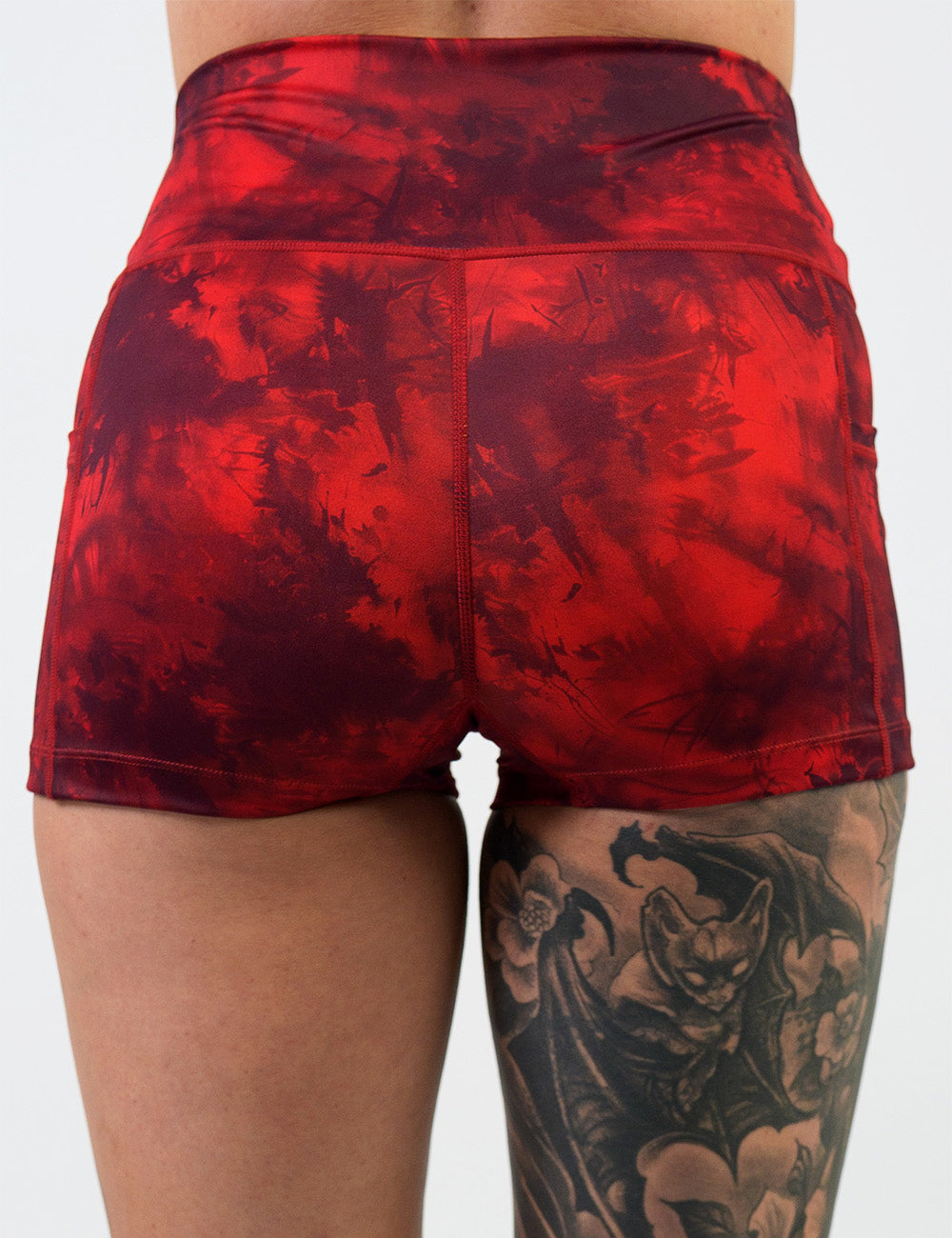 back of the 2.5 inch red tie dye shorts against a white background
