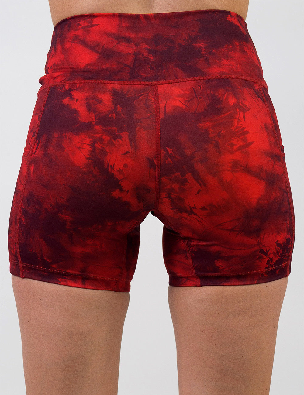 back of the 5 inch red tie dye shorts against a white background