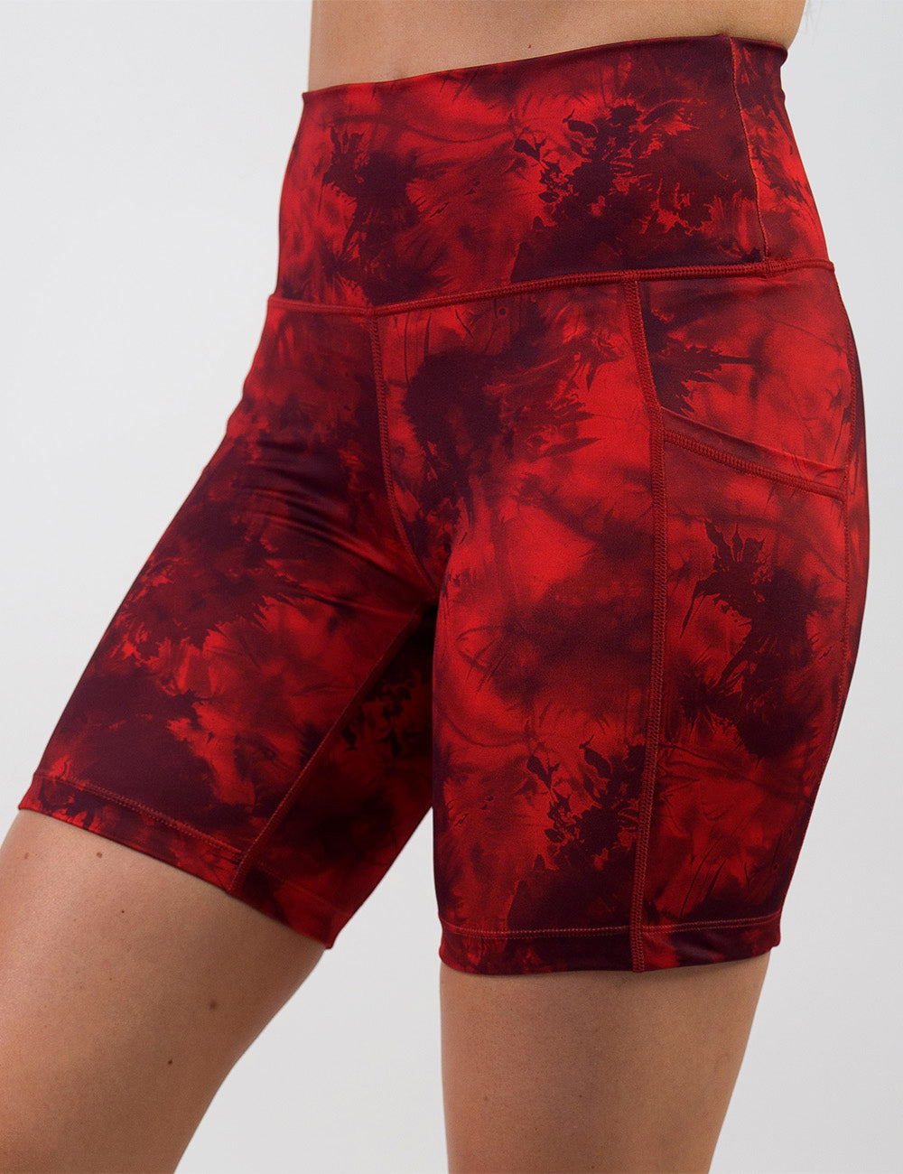 front of the 7 inch red tie dye shorts against a white background