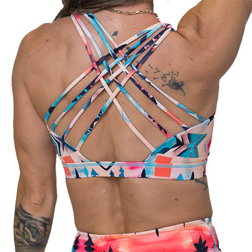 back of aztec patterned sports bra
