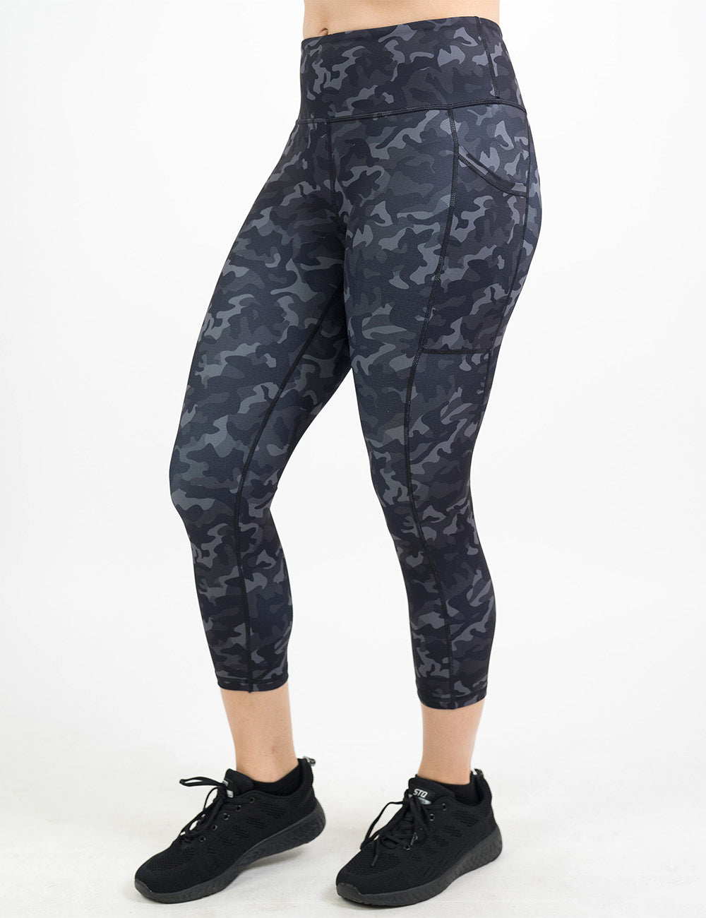 front of the black camo print capri leggings