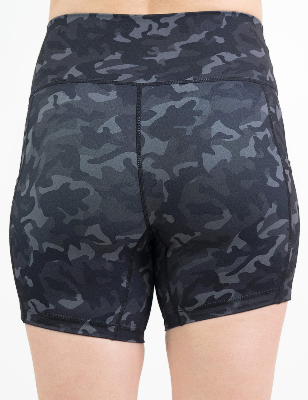 back of the 5 inch black camo prints shorts against a white background