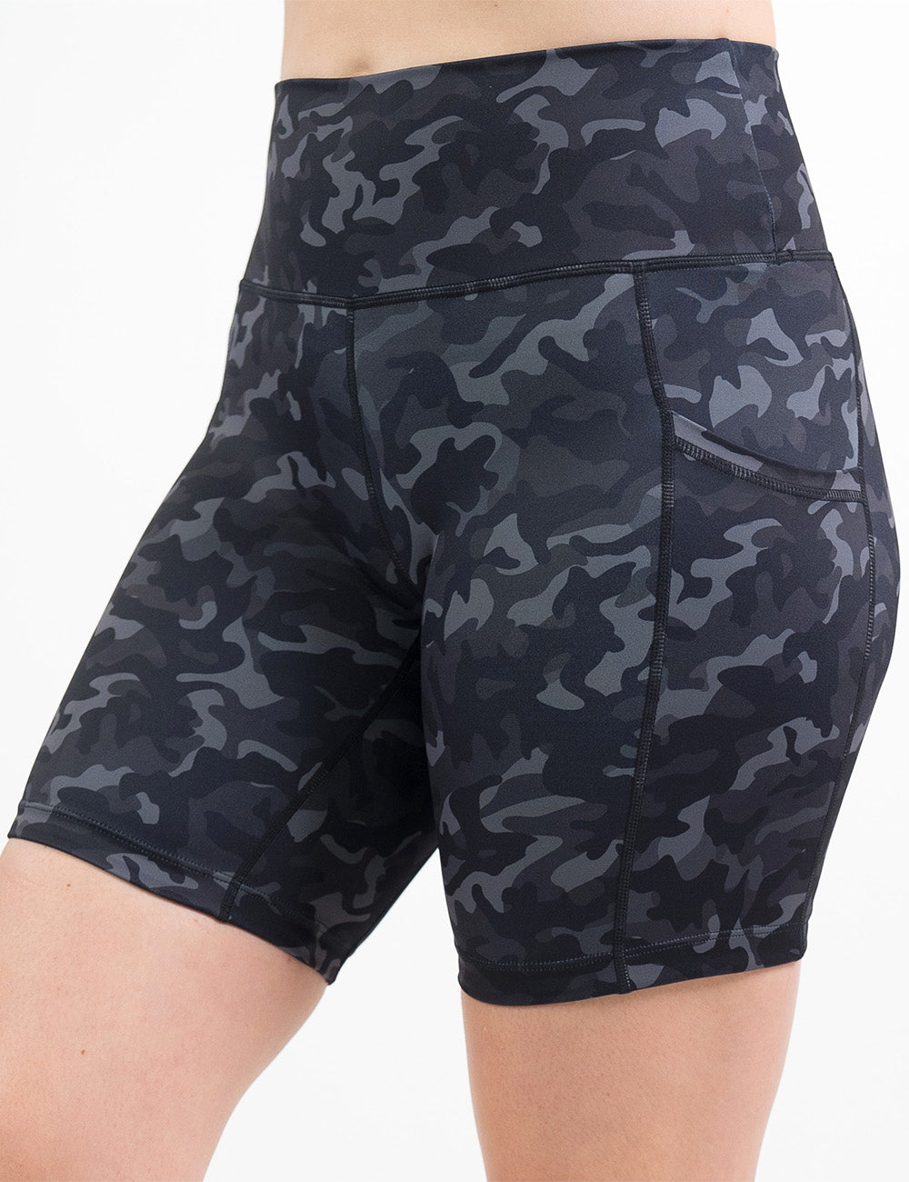 front of the black camo print 7 inches shorts against a white background
