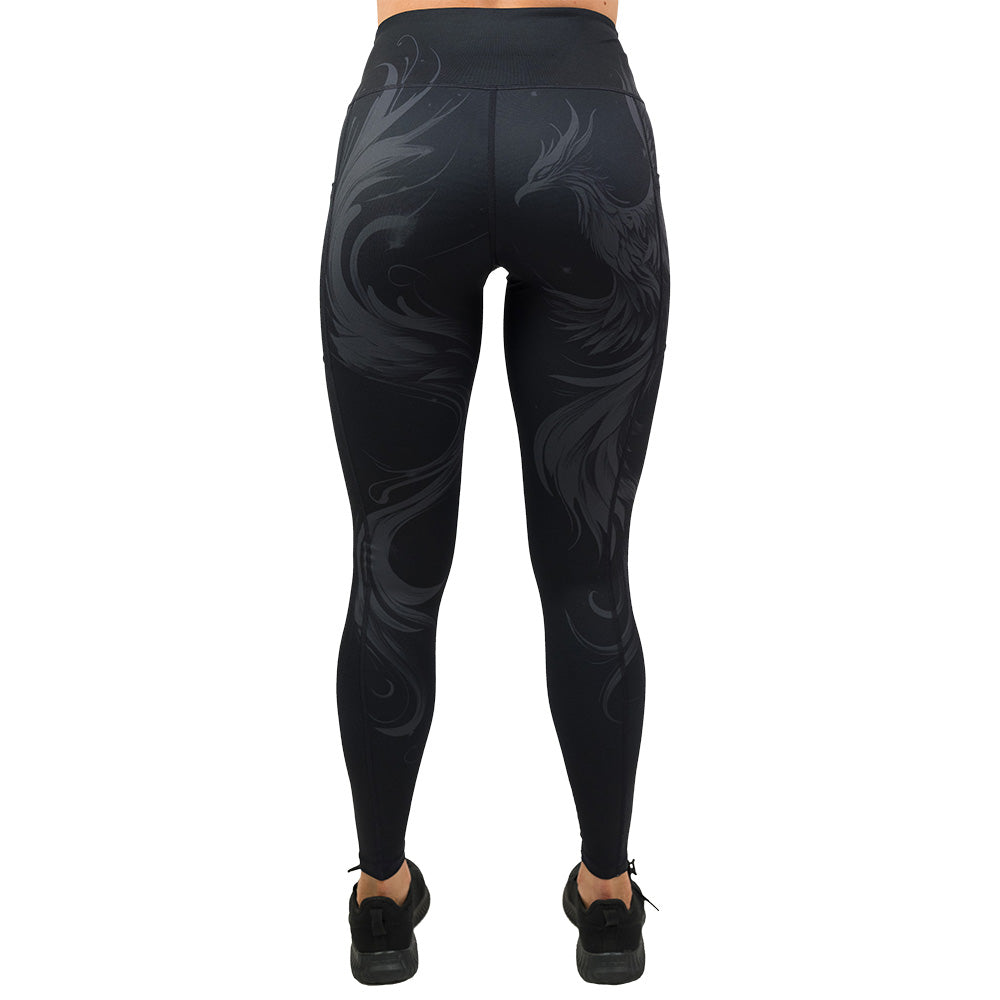 back of the Black leggings with a phoenix design on them