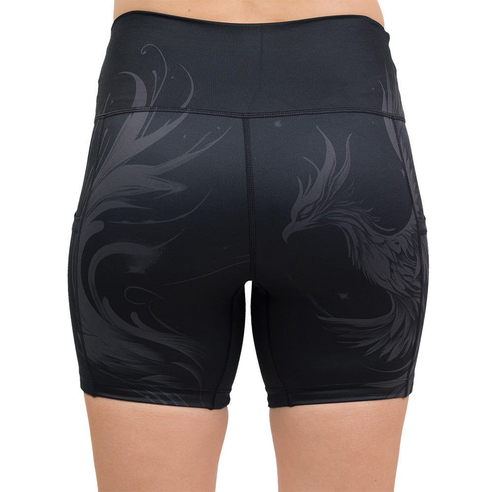 back of the Black shorts with a phoenix design on them