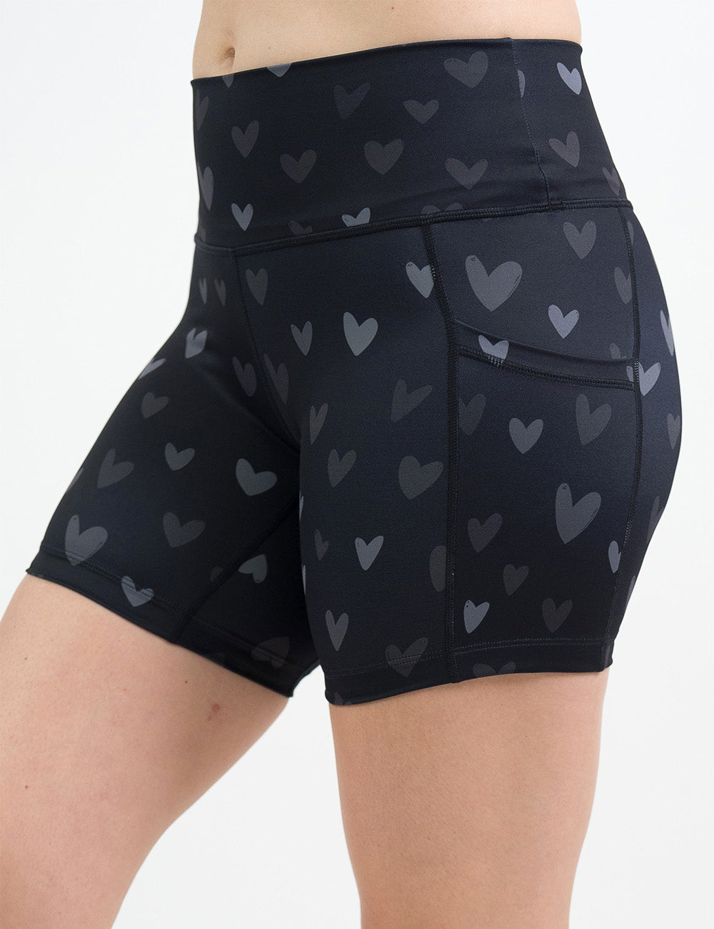 front of the 5 inch black shorts with light and dark grey hearts against a white background