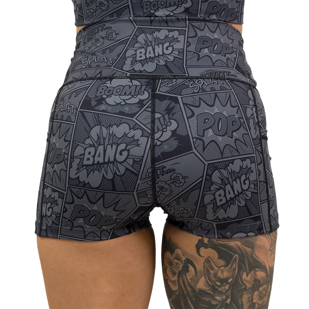 back of the black and grey comic book print 2.5 inch shorts