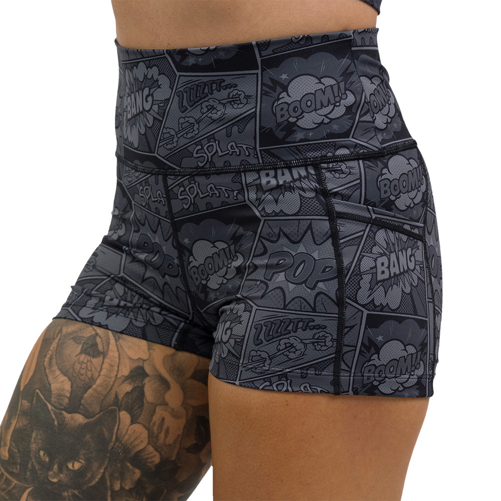 black and grey comic book print 2.5 inch shorts facing front