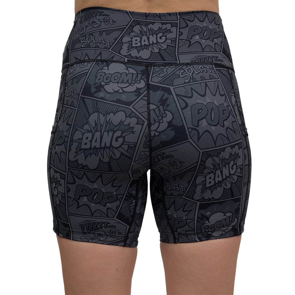 back of black and grey comic book print 5 inch shorts