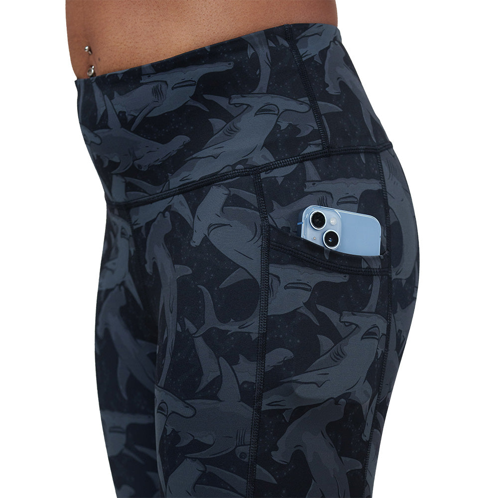 side pocket on the black and grey shark patterned leggings