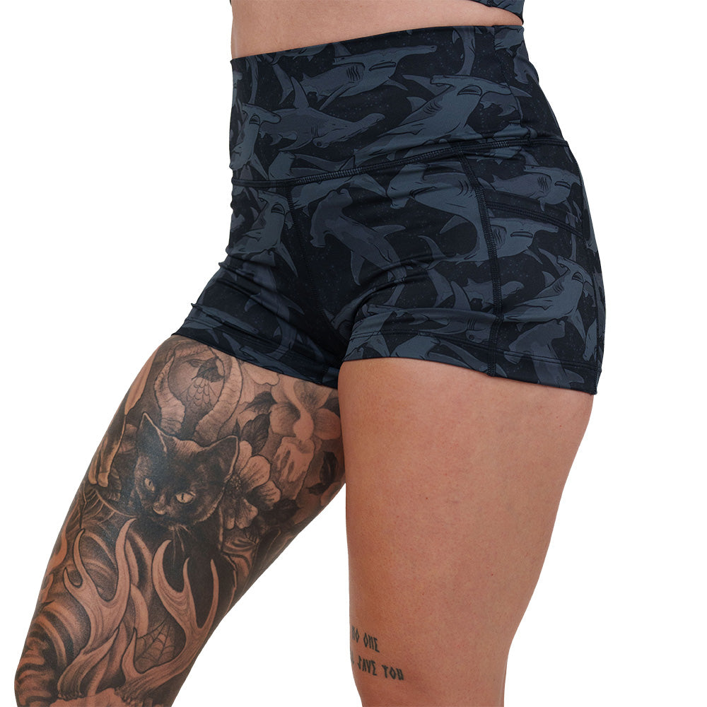 black and grey shark patterned shorts