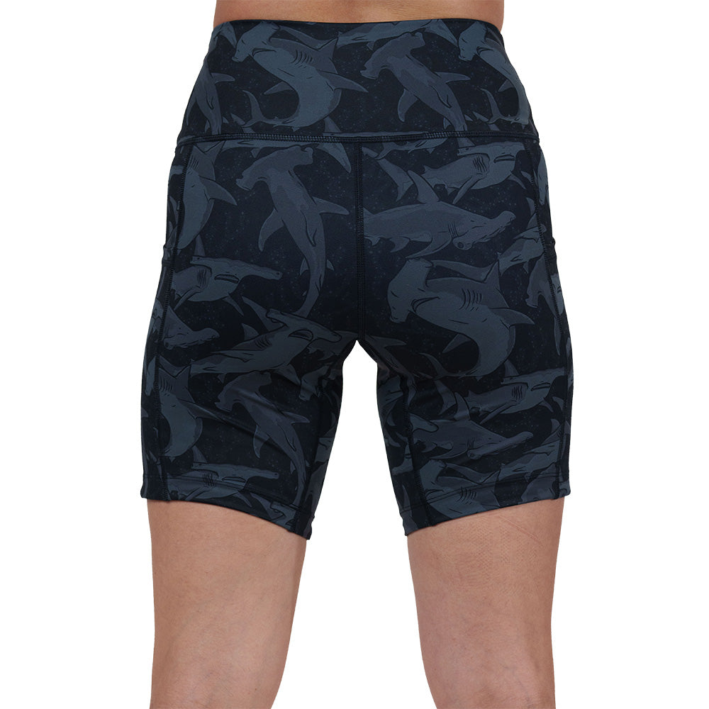 back of the black and grey shark patterned shorts