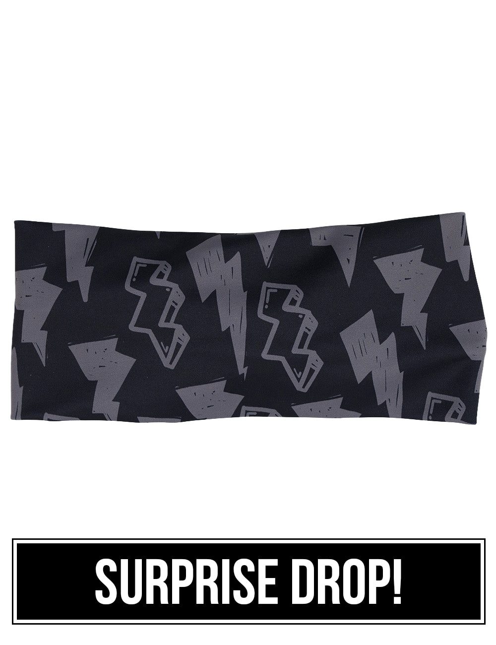 front of the black headband with grey lightning bolts against a white background, surprise drop