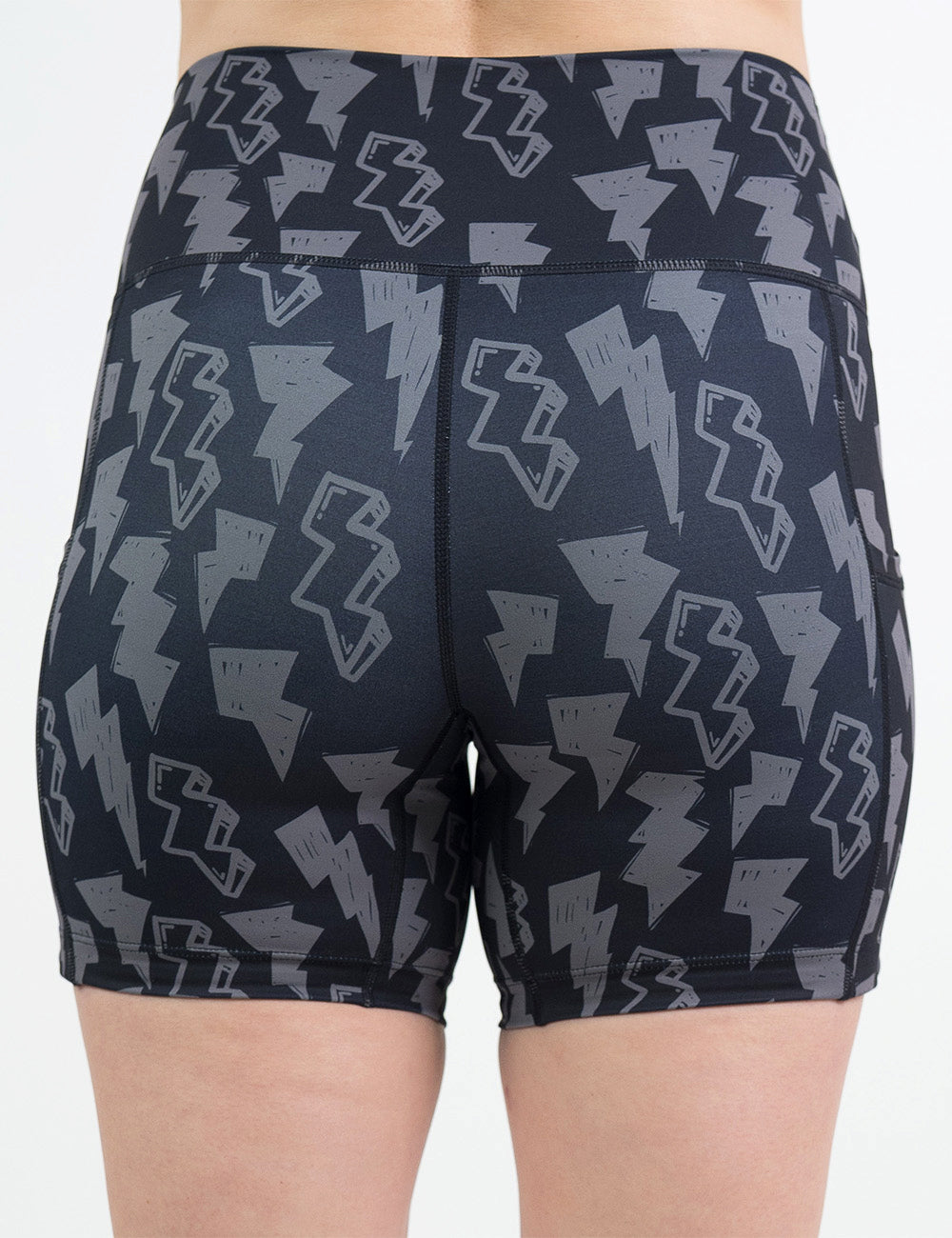 back of the 5 inch black shorts with grey lightning bolts against a white background
