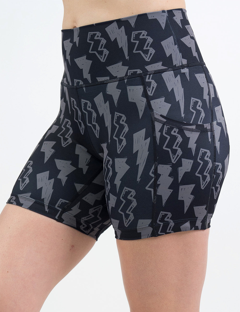 front of the 5 inch black shorts with grey lightning bolts against a white background