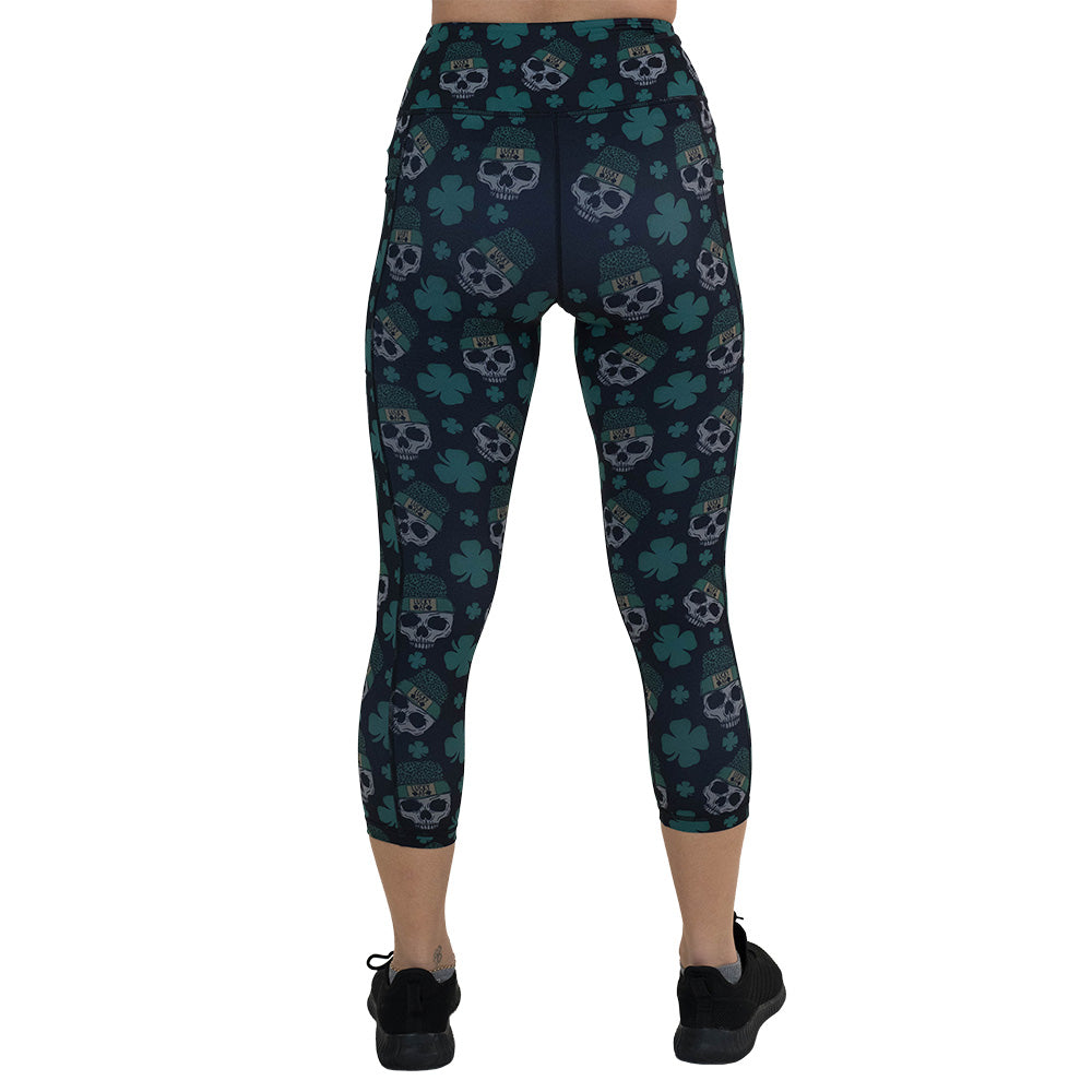 back of the skull and shamrock print leggings