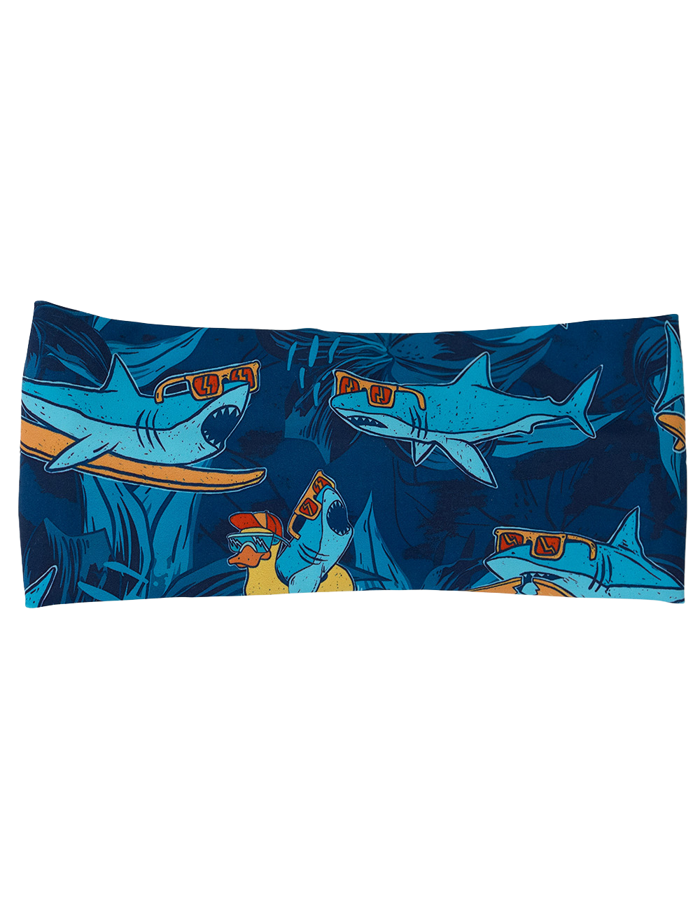 front of the cartoon sharks surfboarding with sunglasses headband against a white background