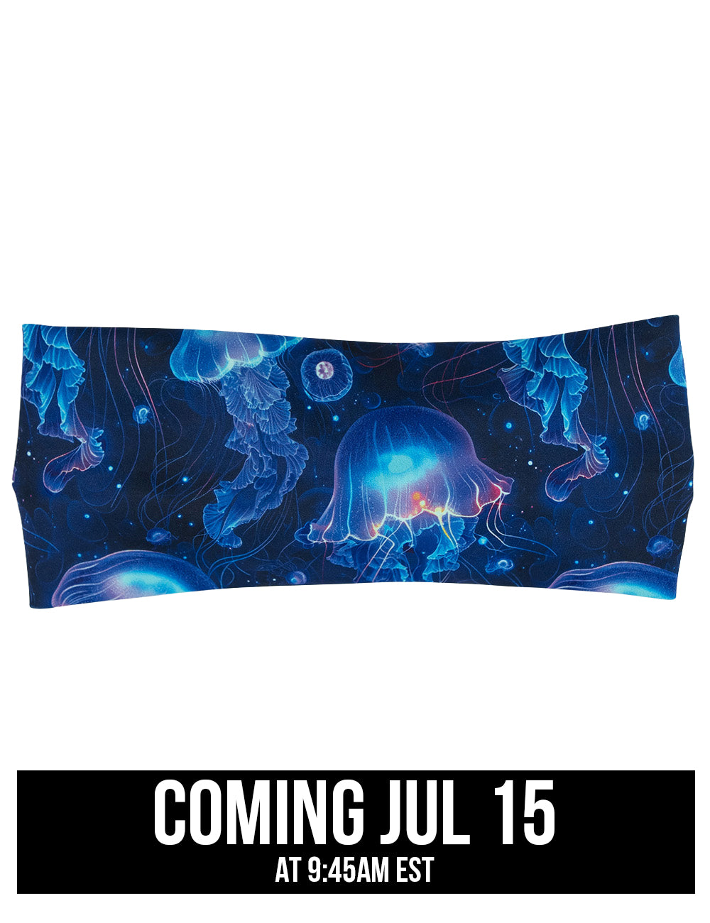 front of the blue jellyfish headband against a white background, coming july 15th
