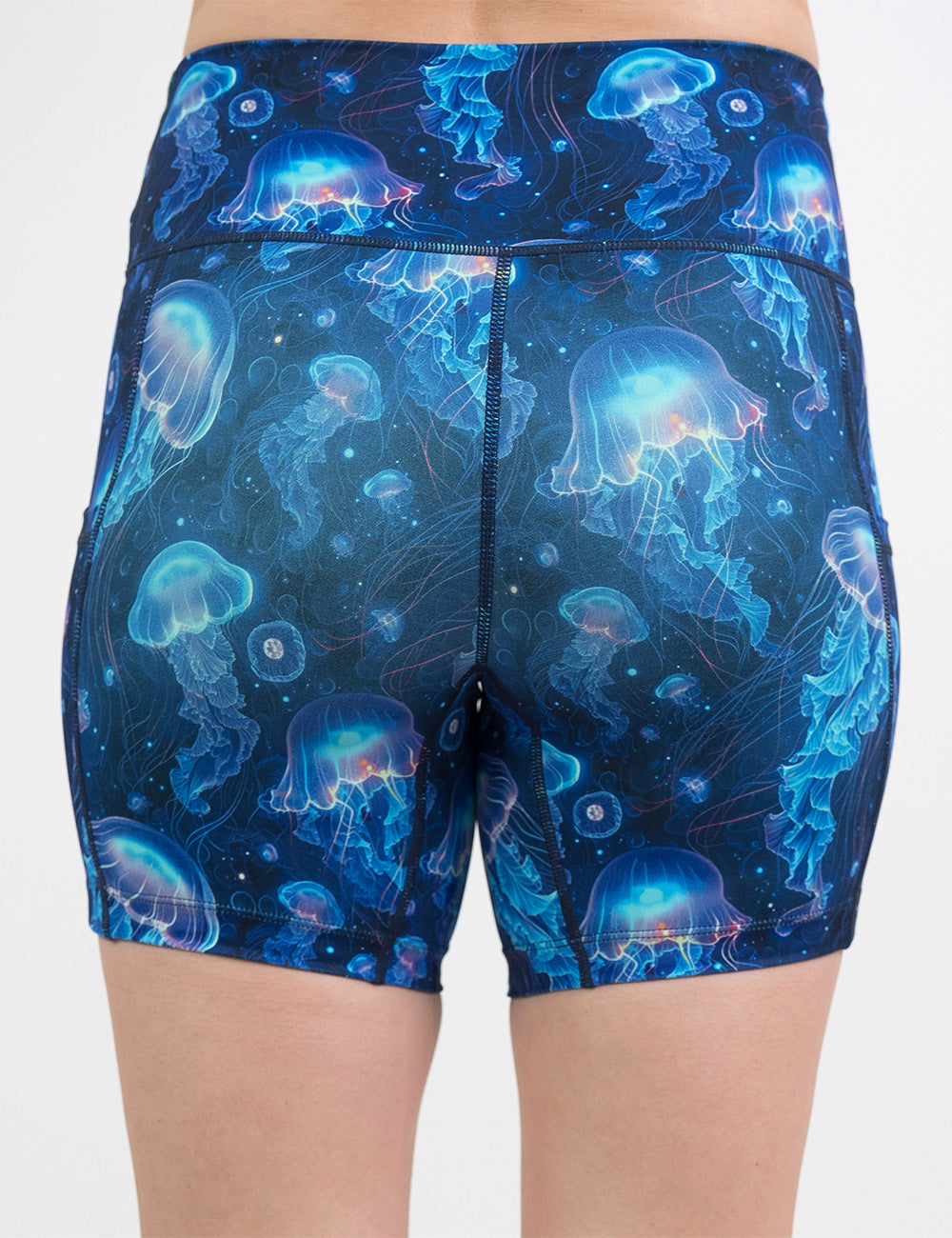 back of the 5 inch blue jellyfish shorts against a white background
