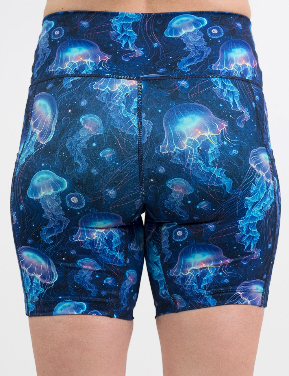back of the 7 inch blue jellyfish shorts against a white background