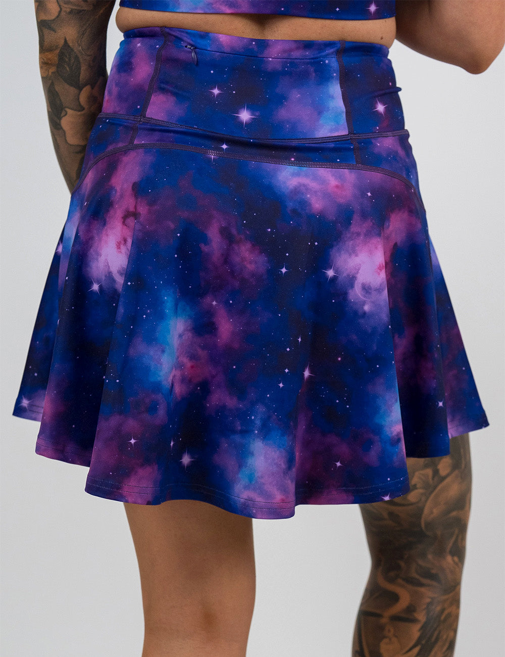 back of the longer length purple and blue space skirt against a white background