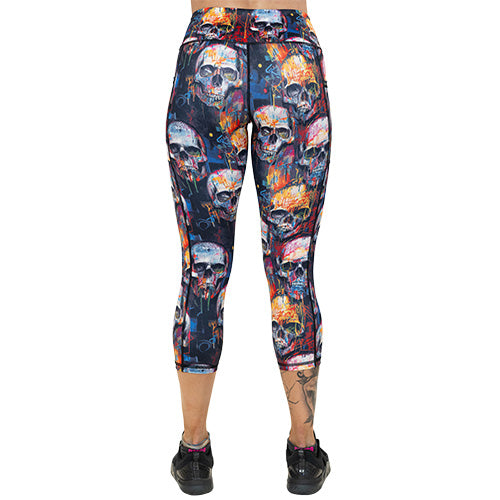 back of capri length skull paint splatter leggings