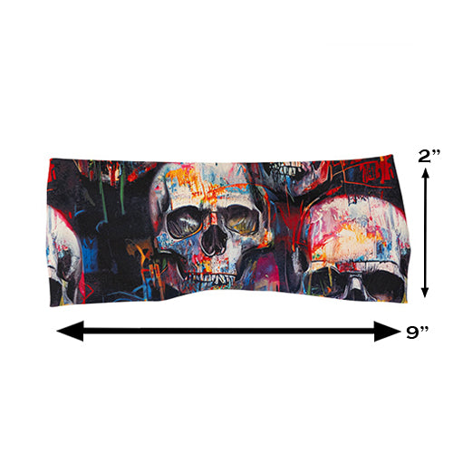 skull paint splatter headband measured at 2 by 9 inches