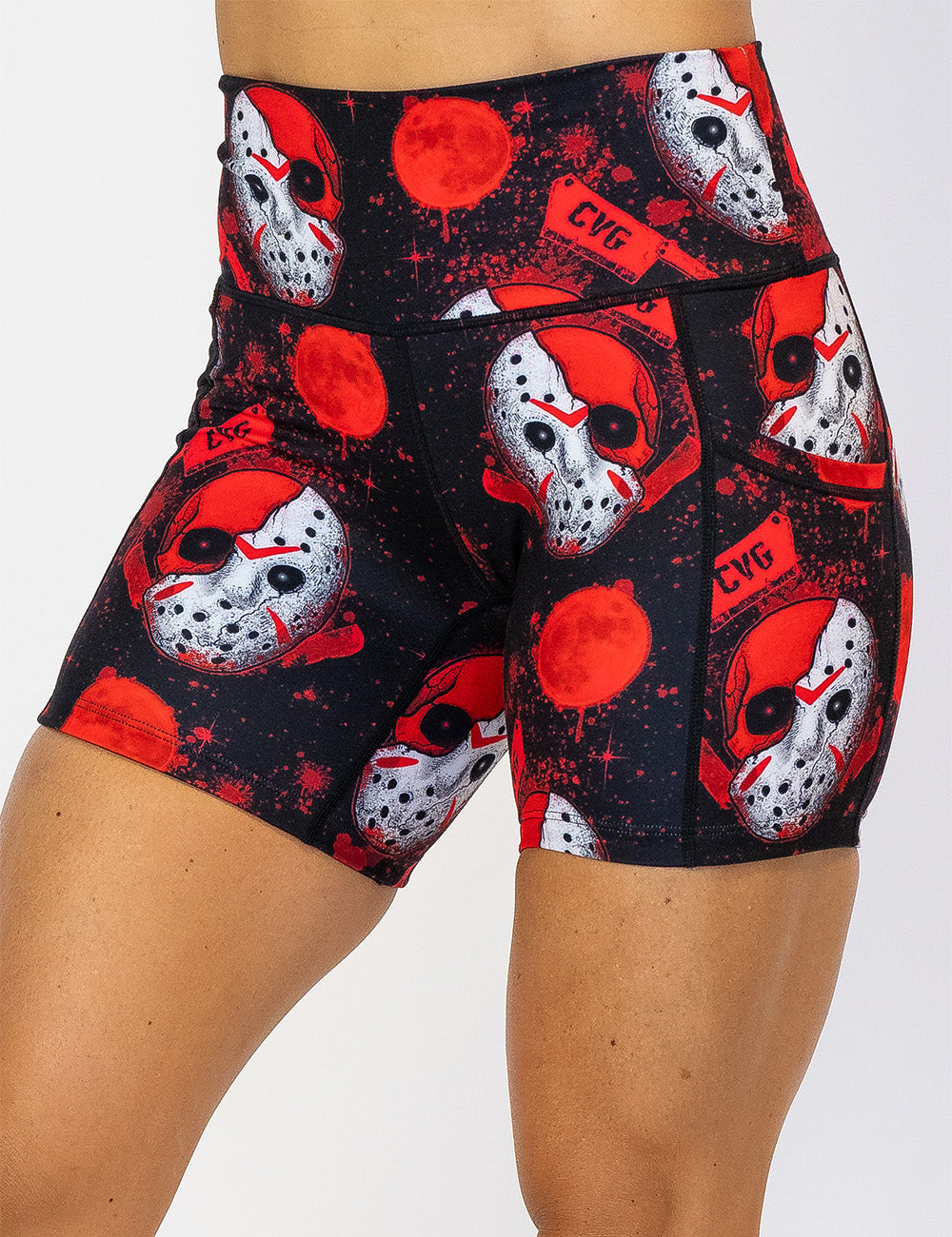 front of the bloody hockey masks with CVG meat cleavers 5 inch shorts against a white background