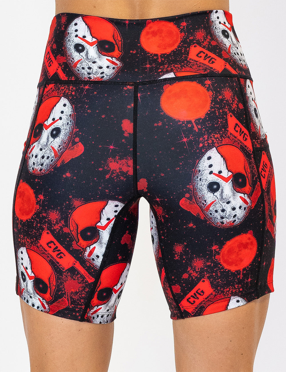 back of the 7 inch bloody hockey masks with CVG meat cleavers shorts against a white background