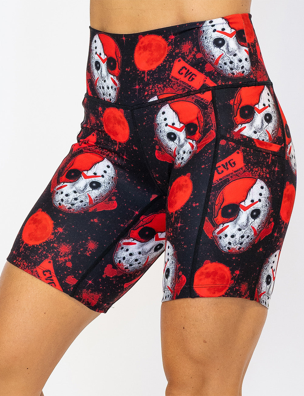 front of the bloody hockey masks with CVG meat cleavers 7 inch shorts against a white background