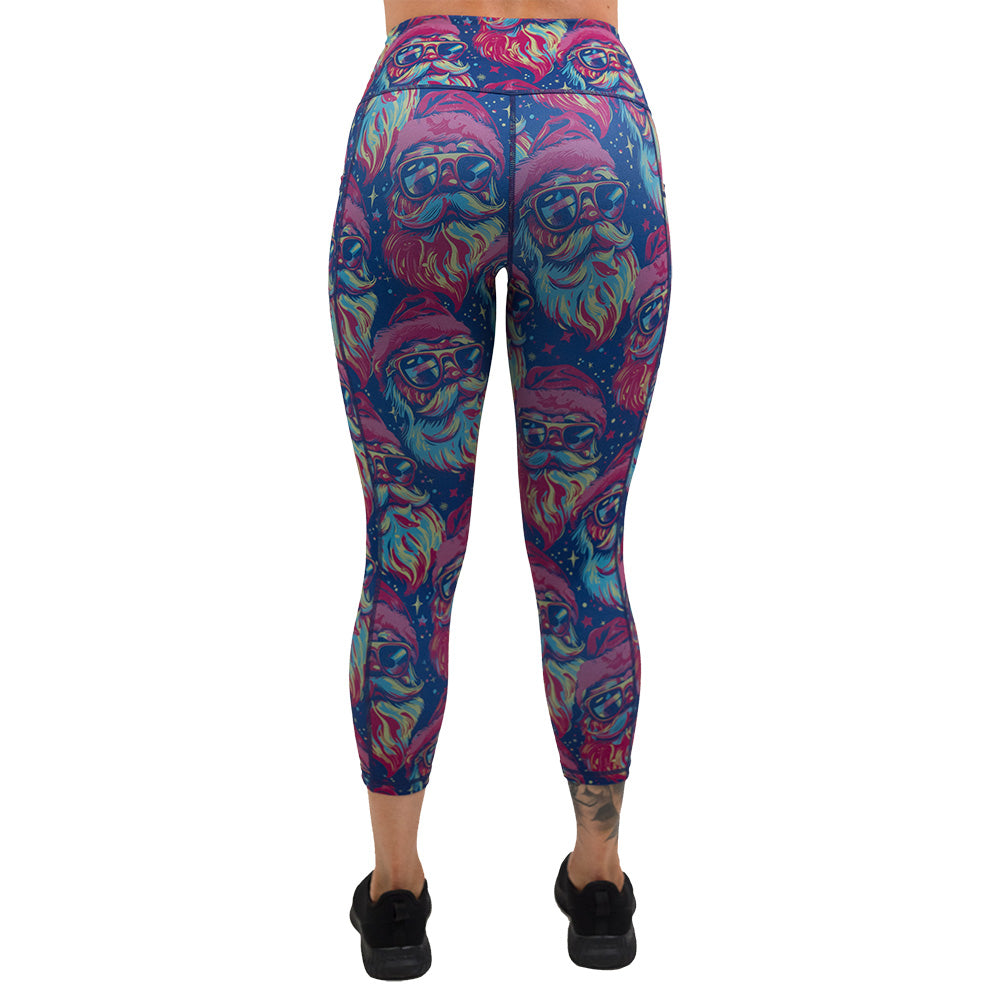back of the Colorful leggings with santa wearing sunglasses pattern