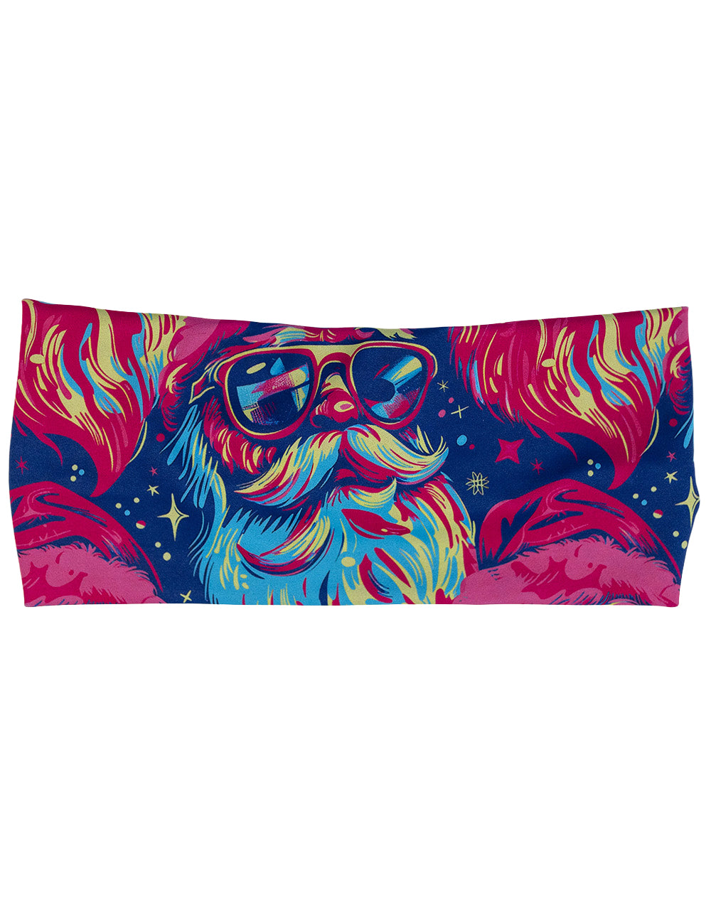 front of the colorful Santa-in-sunglasses headband against a white background