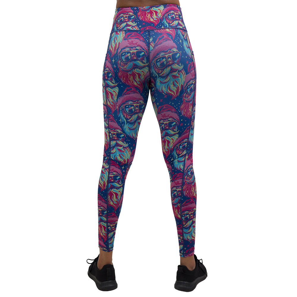 back of the Colorful leggings with santa wearing sunglasses pattern