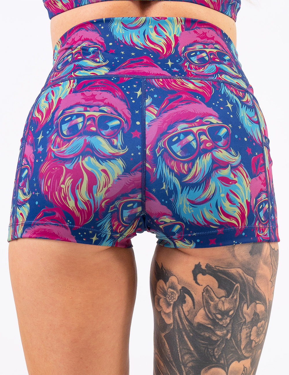 back of the colorful Santa-in-sunglasses 2.5 inch shorts against a white background