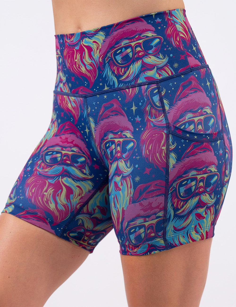 front of the 5 inch colorful Santa-in-sunglasses shorts against a white background