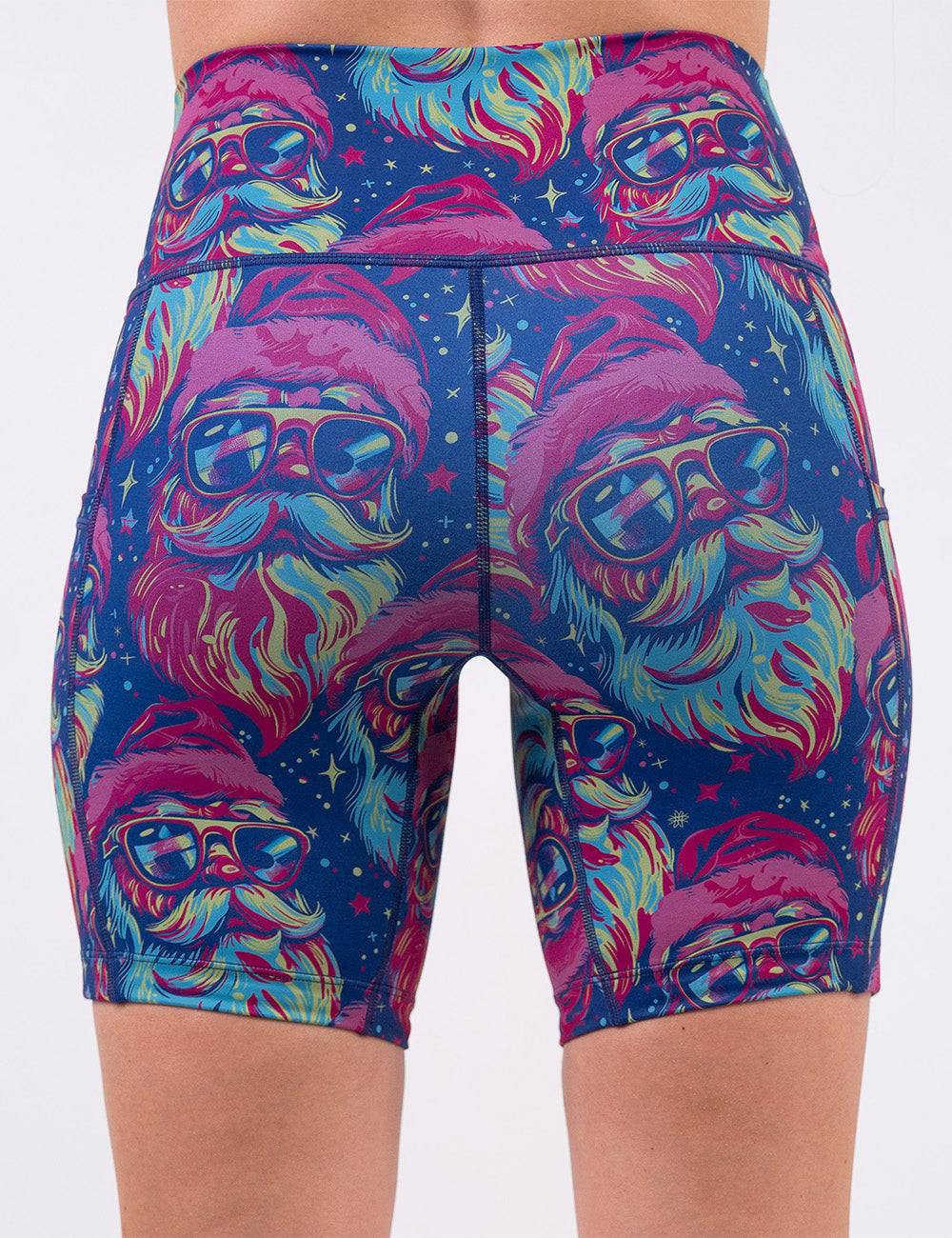 back of the 7 inch colorful Santa-in-sunglasses shorts against a white background
