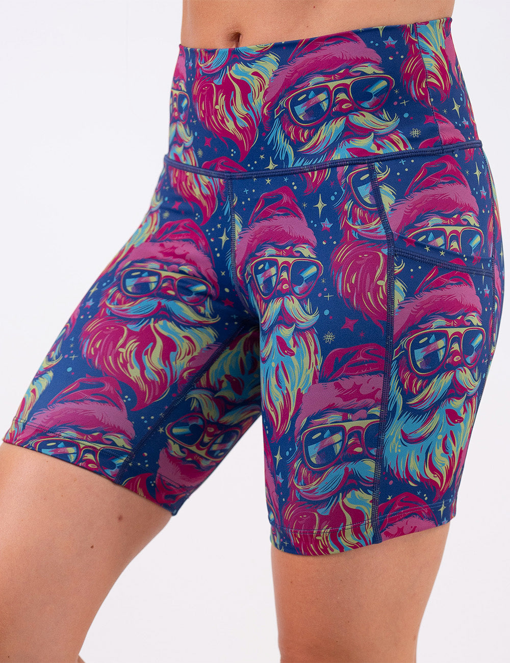 close up of the 7 inch colorful Santa-in-sunglasses shorts against a white background